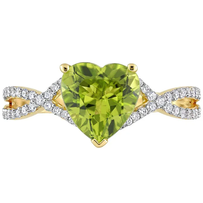 80mm HeartShaped Peridot and 020 CT TW Natural Diamond Twist Split Shank Ring in Solid 14K Gold Goldia Rings 80mm HeartShaped Peridot and 020 CT TW Natural Diamond Twist Split Shank Ring in Solid 14K Gold Goldia Rings