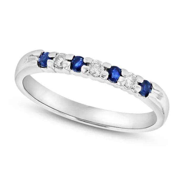 Blue Sapphire and 010 CT TW Natural Diamond Seven Stone Band in Solid 14K White Gold Goldia Rings Blue Sapphire and 010 CT TW Natural Diamond Seven Stone Band in Solid 14K White Gold Goldia Rings
