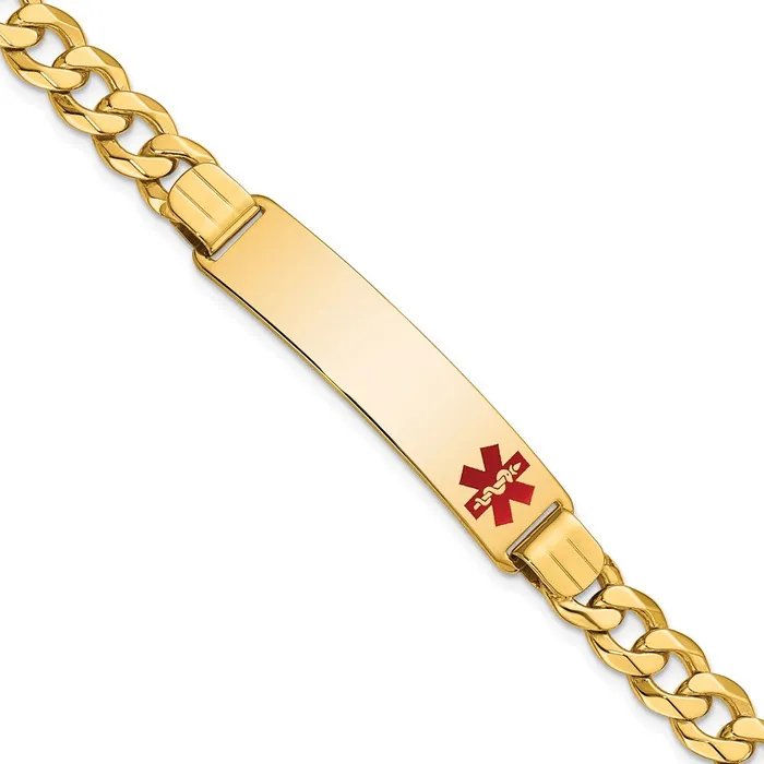 Bracelets MDS Solid 14K Yellow Gold Medical Red Enamel Flat Curb Link ID Bracelet Bracelets MDS Solid 14K Yellow Gold Medical Red Enamel Flat Curb Link ID Bracelet