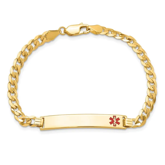 Bracelets MDS Solid 14K Yellow Gold Medical Red Enamel Flat Curb Link ID Bracelet Bracelets MDS Solid 14K Yellow Gold Medical Red Enamel Flat Curb Link ID Bracelet