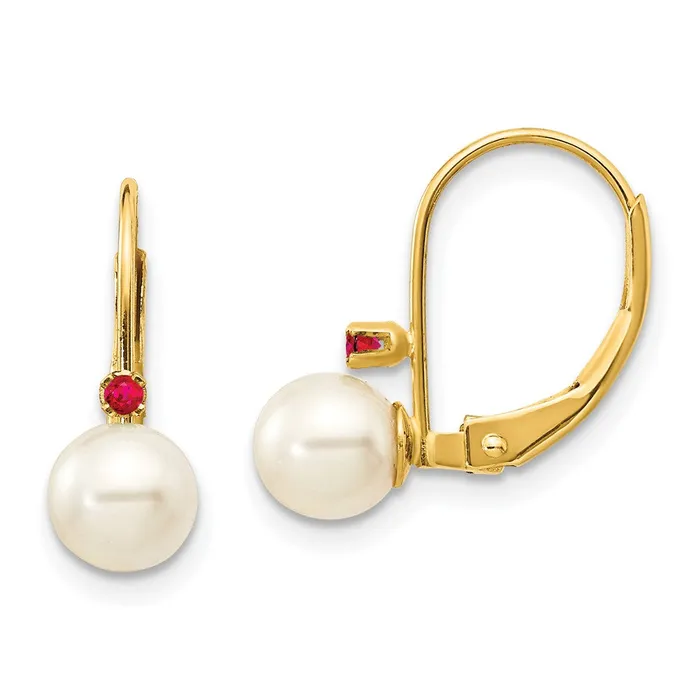Earrings 14k Yellow Gold 555mm White Round FW Cultured Pearl Ruby Leverback Earrings Goldia Earrings 14k Yellow Gold 555mm White Round FW Cultured Pearl Ruby Leverback Earrings Goldia