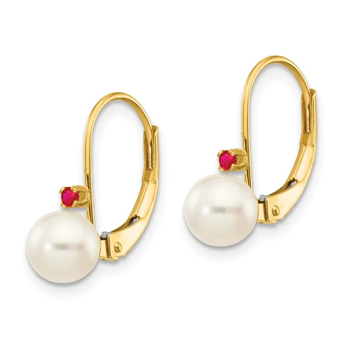 Earrings 14k Yellow Gold 555mm White Round FW Cultured Pearl Ruby Leverback Earrings Goldia