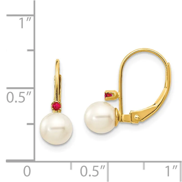 Earrings 14k Yellow Gold 555mm White Round FW Cultured Pearl Ruby Leverback Earrings Goldia