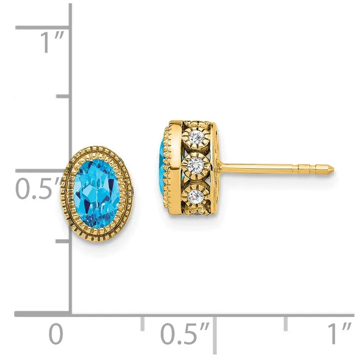 Earrings 14k Yellow Gold Oval Blue Topaz and Real Diamond Earrings Goldia