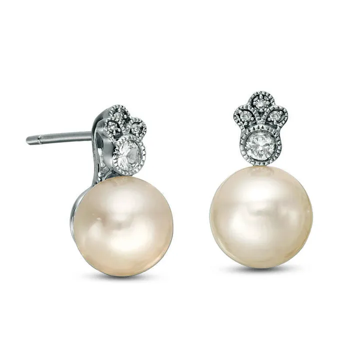 Earrings Goldia 80 85mm Cultured Freshwater Pearl White Sapphire and Diamond Accent VintageStyle Drop Earrings in 10K White Gold Earrings Goldia 80 85mm Cultured Freshwater Pearl White Sapphire and Diamond Accent VintageStyle Drop Earrings in 10K White Gold