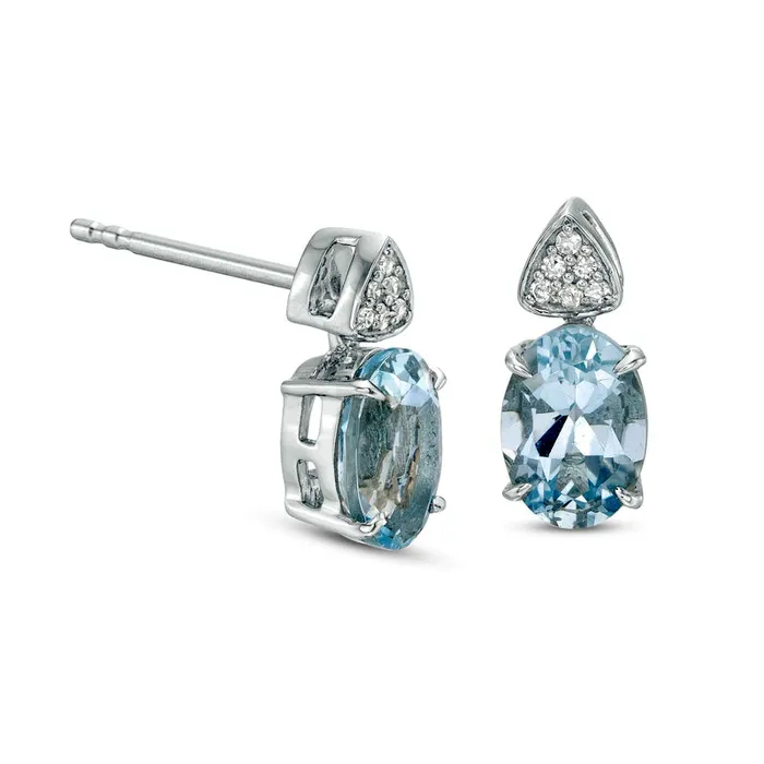Earrings Goldia Oval Aquamarine and 005 CT TW Triangular Composite Diamond Drop Earrings in 10K White Gold Earrings Goldia Oval Aquamarine and 005 CT TW Triangular Composite Diamond Drop Earrings in 10K White Gold