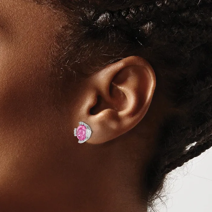 Earrings Goldia Solid 14k White Gold Oval Created PinK Simulated Sapphire and CZ Earrings