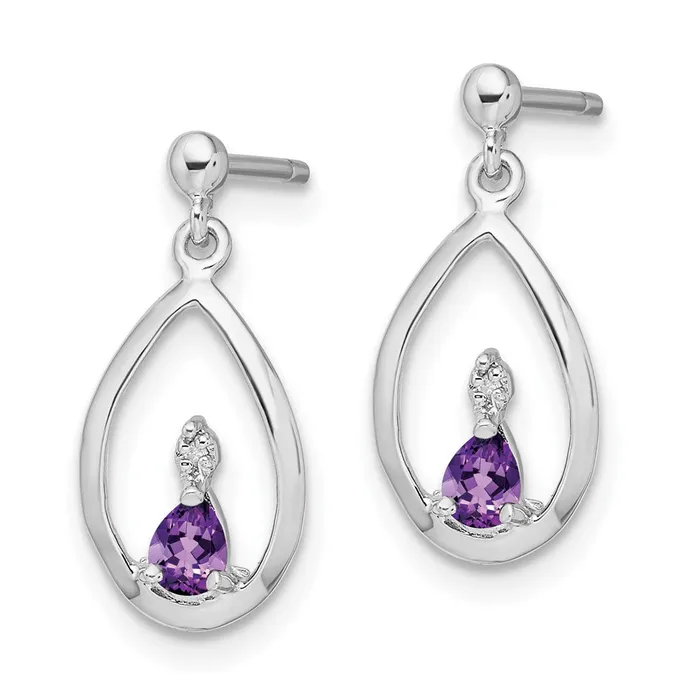 Earrings Sterling Silver Rhodium Plated Pear Amethyst and Diamond Post Earrings Goldia
