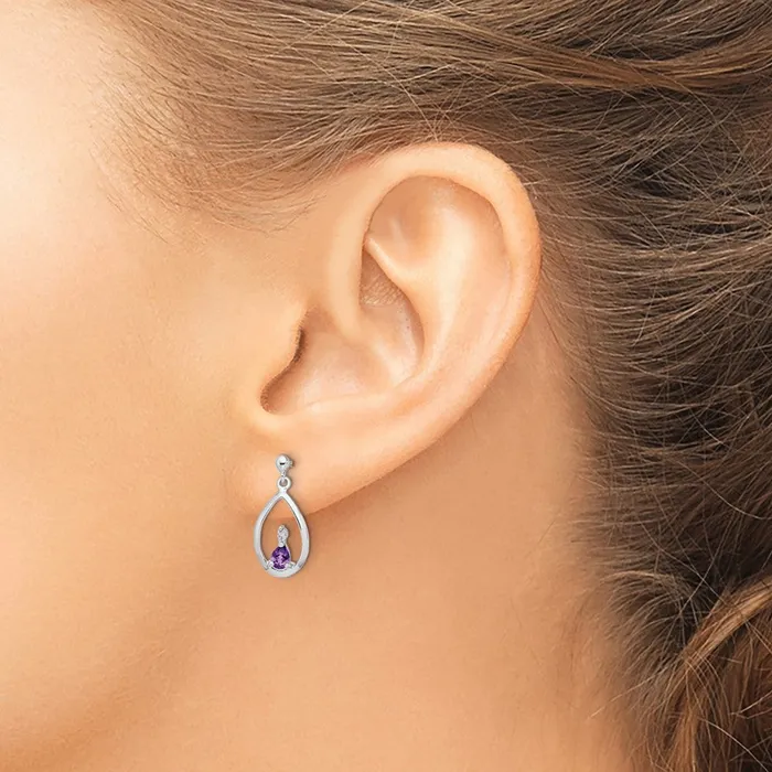 Earrings Sterling Silver Rhodium Plated Pear Amethyst and Diamond Post Earrings Goldia
