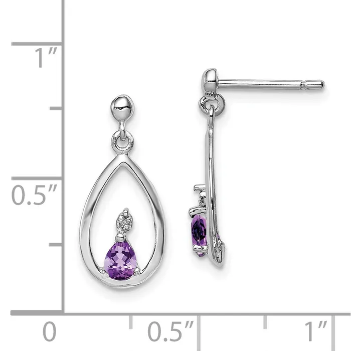 Earrings Sterling Silver Rhodium Plated Pear Amethyst and Diamond Post Earrings Goldia