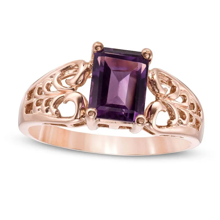 EmeraldCut Amethyst Open Scroll Ring in Solid 10K Rose Gold Goldia Rings EmeraldCut Amethyst Open Scroll Ring in Solid 10K Rose Gold Goldia Rings