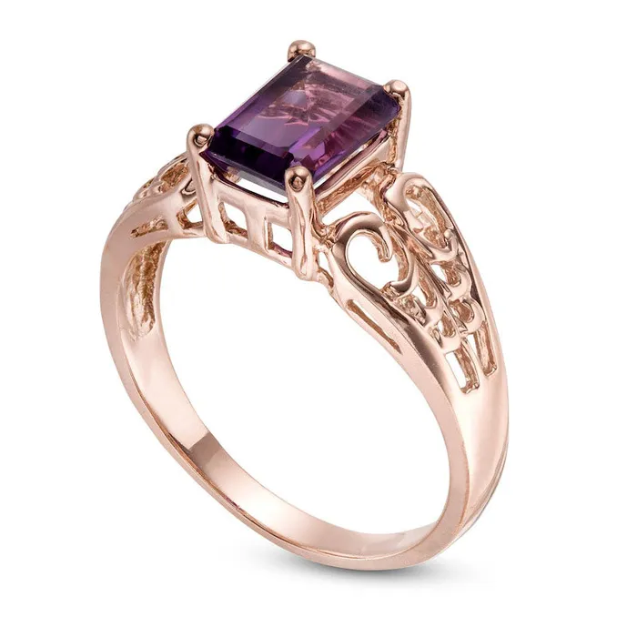 EmeraldCut Amethyst Open Scroll Ring in Solid 10K Rose Gold Goldia Rings EmeraldCut Amethyst Open Scroll Ring in Solid 10K Rose Gold Goldia Rings