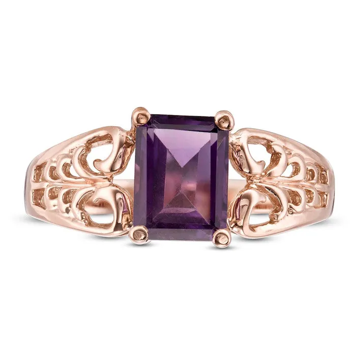 EmeraldCut Amethyst Open Scroll Ring in Solid 10K Rose Gold Goldia Rings EmeraldCut Amethyst Open Scroll Ring in Solid 10K Rose Gold Goldia Rings