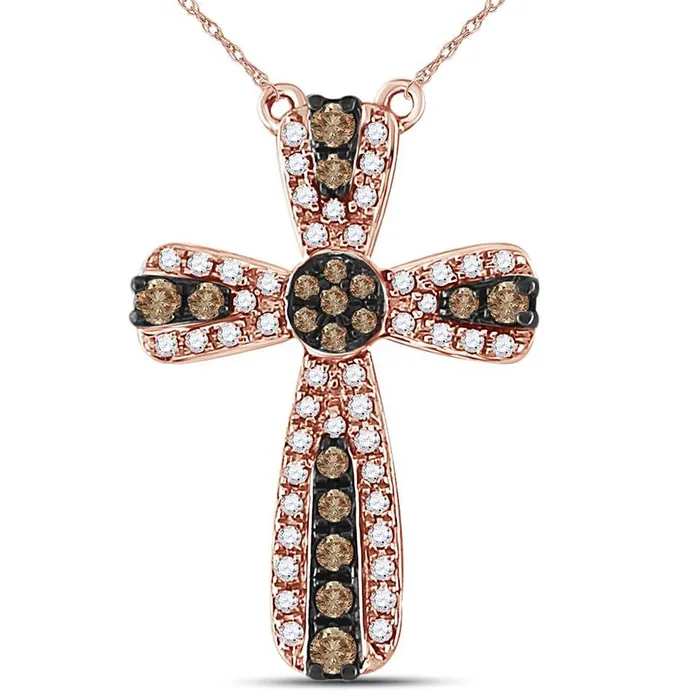 gndatlanta Necklaces 14k Rose Gold Round Brown Diamond Cross Necklace 13 Cttw