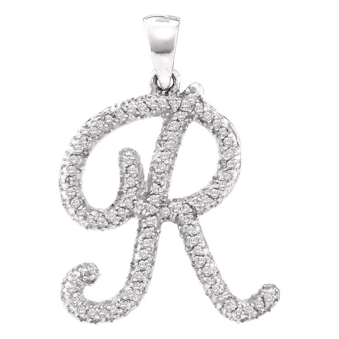 gndatlanta Necklaces 14k White Gold Round Diamond Cursive Letter R Pendant 15 Cttw gndatlanta Necklaces 14k White Gold Round Diamond Cursive Letter R Pendant 15 Cttw