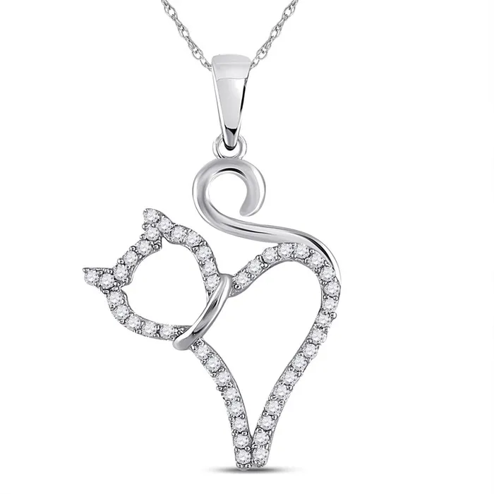 gndatlanta Necklaces 14k White Gold Round Diamond Kitty Cat Animal Pendant 16 Cttw
