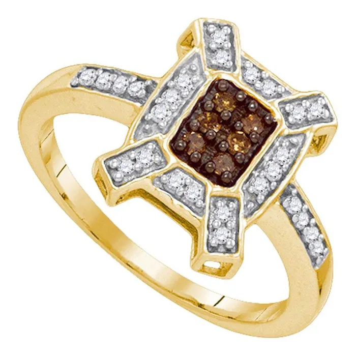 gndatlanta Rings 10k Yellow Gold Round Brown Diamond Square Ring 15 Cttw