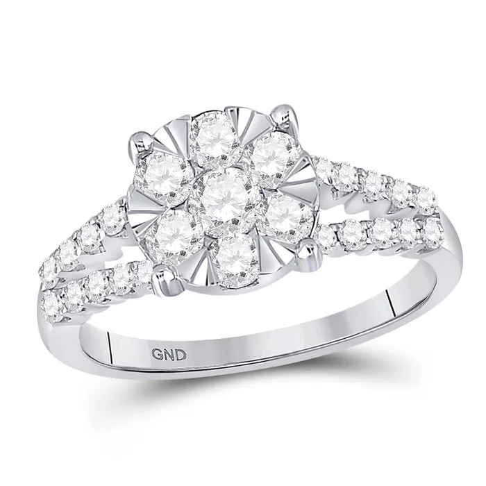 gndatlanta Rings 14k White Gold Round Diamond Flower Cluster Ring 1 Cttw