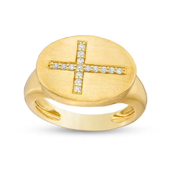 Goldia 010 CT TW Natural Diamond Sideways Cross Oval Signet Ring in Solid 10K Yellow Gold Rings