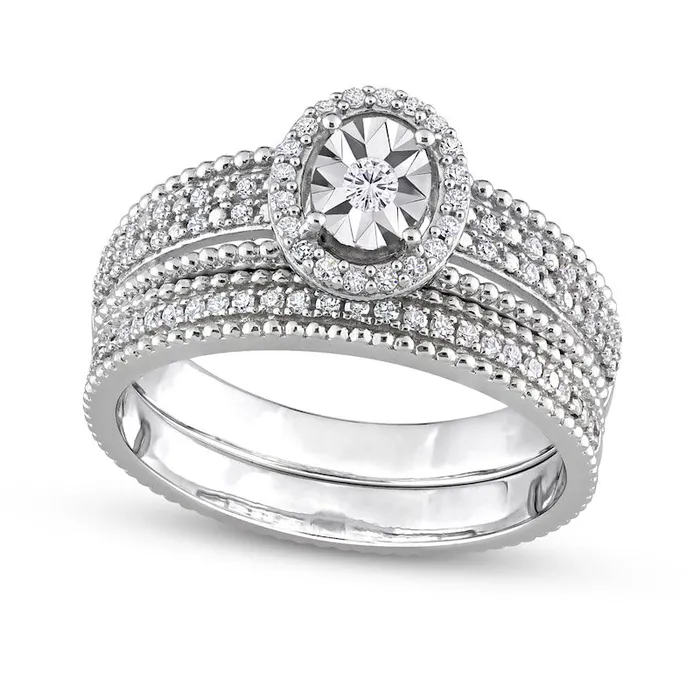 Goldia 033 CT TW Natural Diamond Oval Frame Beaded MultiRow Bridal Engagement Ring Set in Sterling Silver Rings Goldia 033 CT TW Natural Diamond Oval Frame Beaded MultiRow Bridal Engagement Ring Set in Sterling Silver Rings