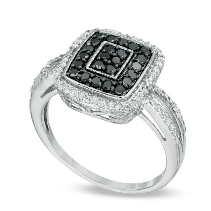Goldia 050 CT TW Enhanced Black and White Composite Natural Diamond Double Rectangle Frame Ring in Sterling Silver Rings Goldia 050 CT TW Enhanced Black and White Composite Natural Diamond Double Rectangle Frame Ring in Sterling Silver Rings