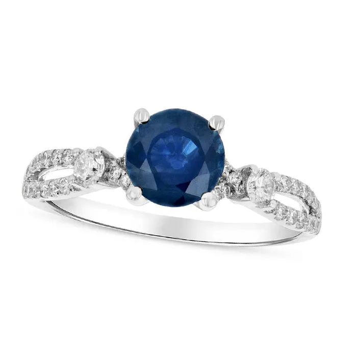 Goldia 50mm Blue Sapphire and 033 CT TW Natural Diamond Side Accent Split Shank Engagement Ring in Solid 18K White Gold Rings Goldia 50mm Blue Sapphire and 033 CT TW Natural Diamond Side Accent Split Shank Engagement Ring in Solid 18K White Gold Rings