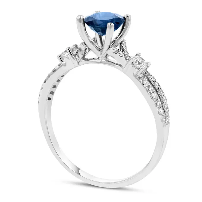 Goldia 50mm Blue Sapphire and 033 CT TW Natural Diamond Side Accent Split Shank Engagement Ring in Solid 18K White Gold Rings Goldia 50mm Blue Sapphire and 033 CT TW Natural Diamond Side Accent Split Shank Engagement Ring in Solid 18K White Gold Rings