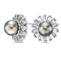 Goldia 80mm Grey Cultured Tahitian Pearl and Baguette LabCreated White Sapphire Flower Frame Stud Earrings in Sterling Silver Earrings Goldia 80mm Grey Cultured Tahitian Pearl and Baguette LabCreated White Sapphire Flower Frame Stud Earrings in Sterling Silver Earrings