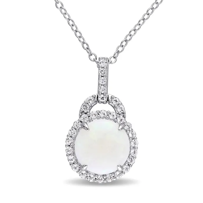 Goldia 90mm Cabochon Opal and White Topaz Frame Doorknocker Pendant in Sterling Silver Necklaces Goldia 90mm Cabochon Opal and White Topaz Frame Doorknocker Pendant in Sterling Silver Necklaces
