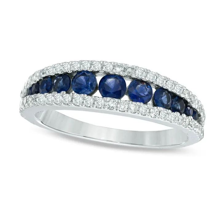Goldia Blue Sapphire and 033 CT TW Natural Diamond Ring in Solid 14K White Gold Rings
