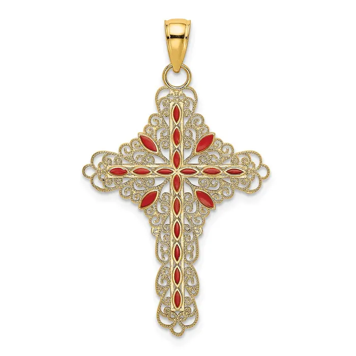 Goldia Charm Necklaces 14k Yellow Gold Red Enamel Filigree Cross Charm