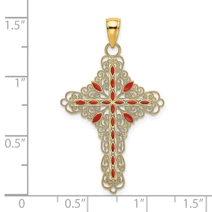 Goldia Charm Necklaces 14k Yellow Gold Red Enamel Filigree Cross Charm