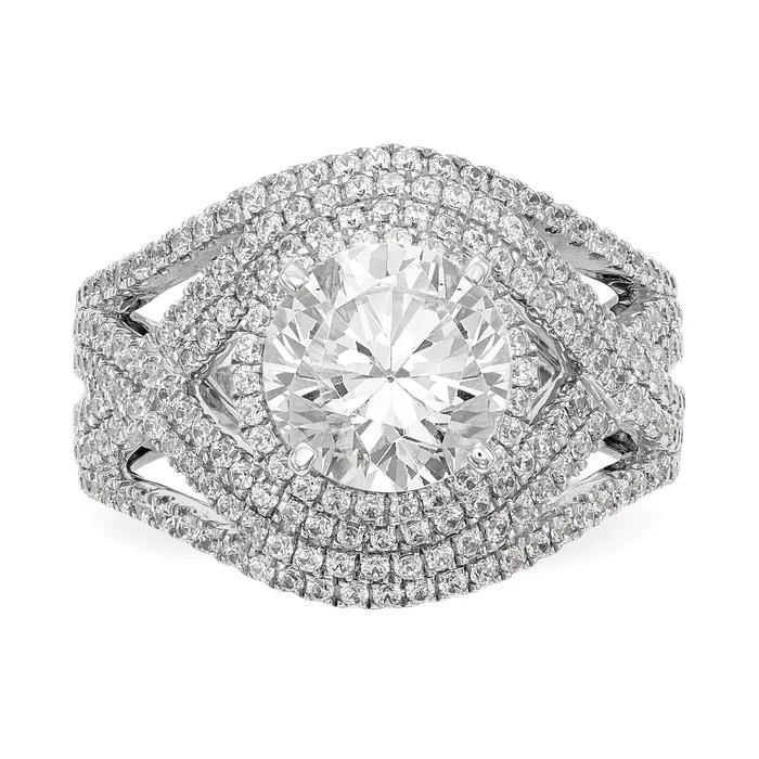 Goldiacom 14K White Gold Peg Set Simulated Diamond Halo Engagement Ring Rings