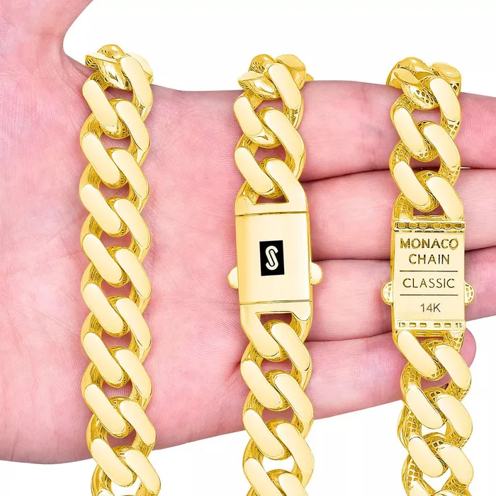 Goldiacom Bracelets 14k Yellow Gold Royal Monaco Miami Cuban Link 17mm Chain Bracelet w Box Clasp 8