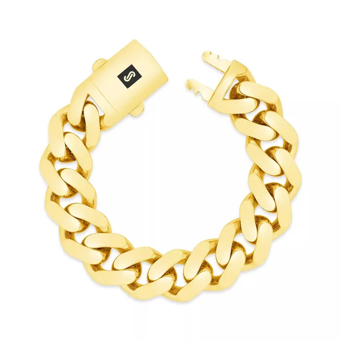 Goldiacom Bracelets 14k Yellow Gold Royal Monaco Miami Cuban Link 17mm Chain Bracelet w Box Clasp 8