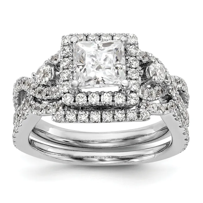 Goldiacom Rings 14K White Gold Diamond Princess CZ Cushion Halo Engagement Ring