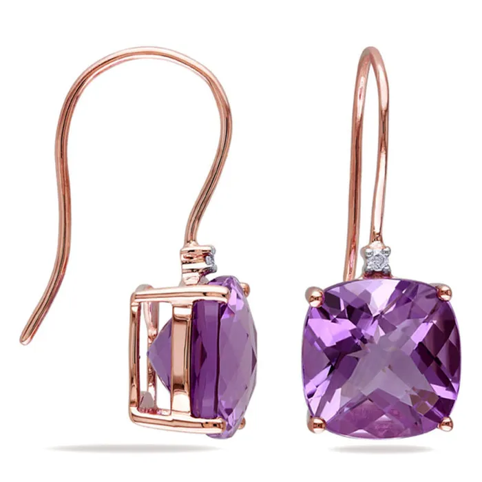Goldia Earrings 100mm CushionCut Amethyst and Diamond Accent Drop Earrings in 10K Rose Gold Goldia Earrings 100mm CushionCut Amethyst and Diamond Accent Drop Earrings in 10K Rose Gold