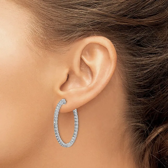 Goldia Earrings 14k White Gold Diamond Round Hoop wSafety Clasp Earrings