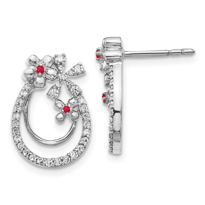 Goldia Earrings 14k White Gold Real Diamond Ruby Flower Earrings
