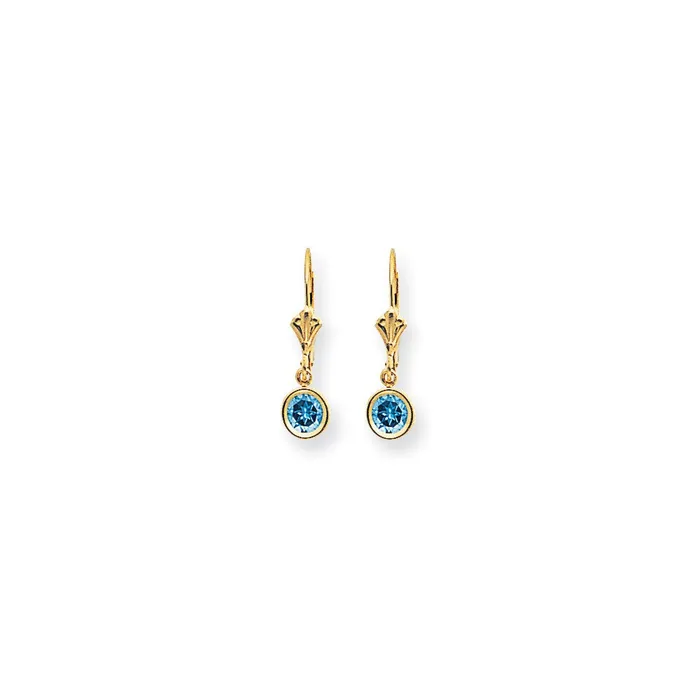 Goldia Earrings 14k Yellow Gold 5mm Blue Topaz Checker leverback Earrings