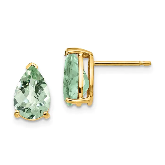 Goldia Earrings 14k Yellow Gold 9x6 Pear CheckerCut Green Quartz Earrings