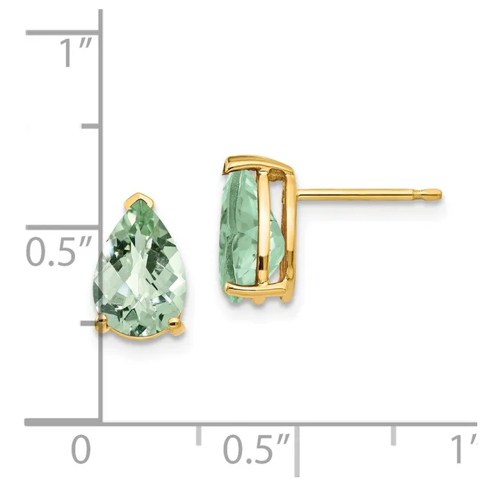 Goldia Earrings 14k Yellow Gold 9x6 Pear CheckerCut Green Quartz Earrings