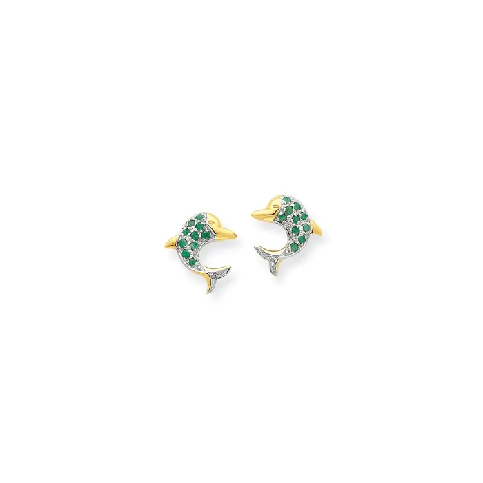Goldia Earrings 14k Yellow Gold u0026 Rhodium Emerald u0026 Real Diamond Dolphin Post Earrings