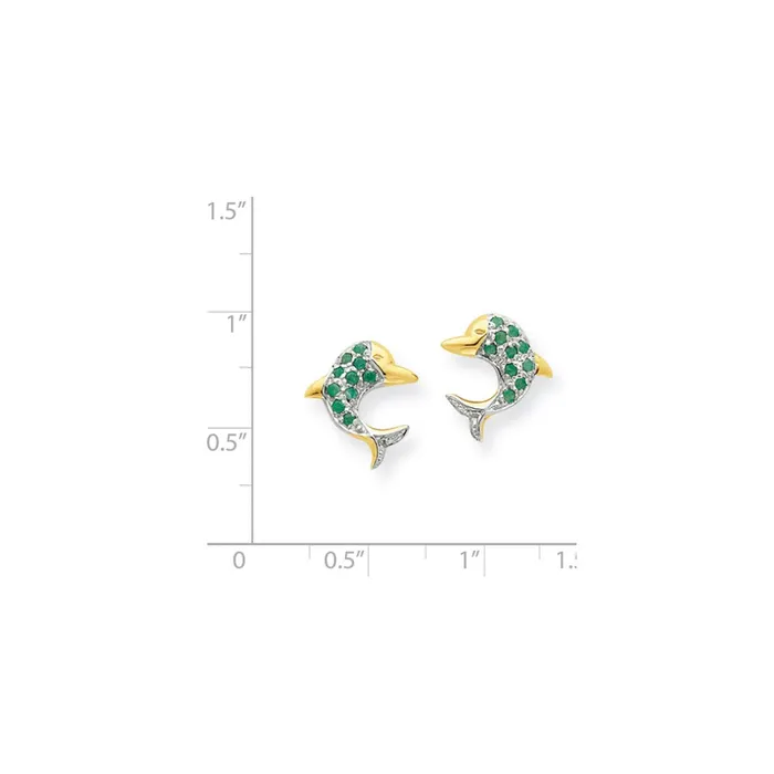 Goldia Earrings 14k Yellow Gold u0026 Rhodium Emerald u0026 Real Diamond Dolphin Post Earrings
