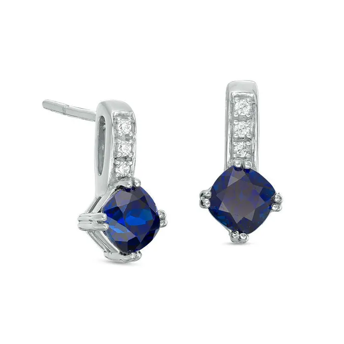 Goldia Earrings 50mm CushionCut LabCreated Blue Sapphire and Diamond Accent Drop Earrings in 10K White Gold Goldia Earrings 50mm CushionCut LabCreated Blue Sapphire and Diamond Accent Drop Earrings in 10K White Gold