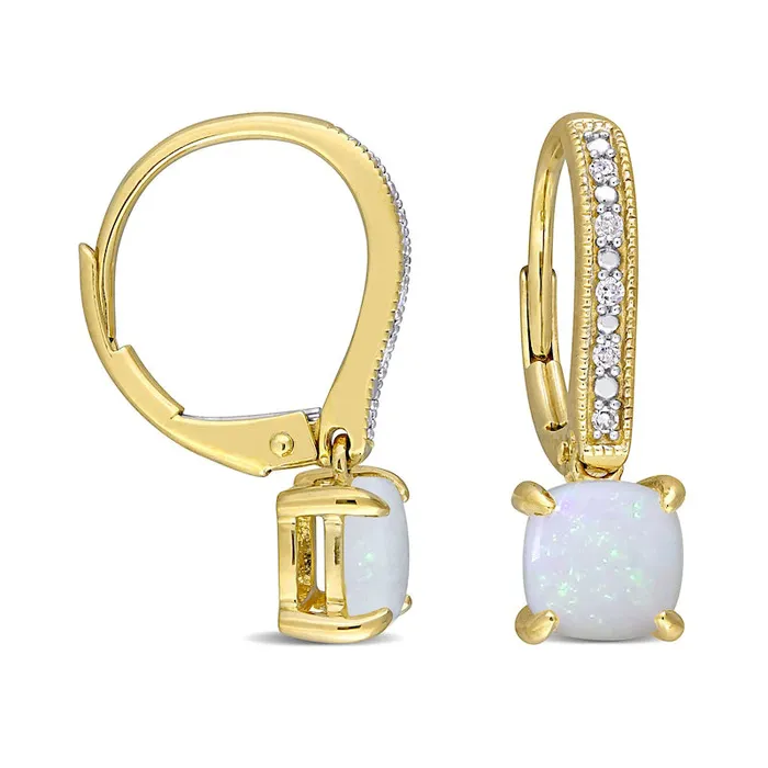 Goldia Earrings 60mm CushionCut Opal and 005 CT TW Diamond VintageStyle Drop Earrings in 10K Gold Goldia Earrings 60mm CushionCut Opal and 005 CT TW Diamond VintageStyle Drop Earrings in 10K Gold