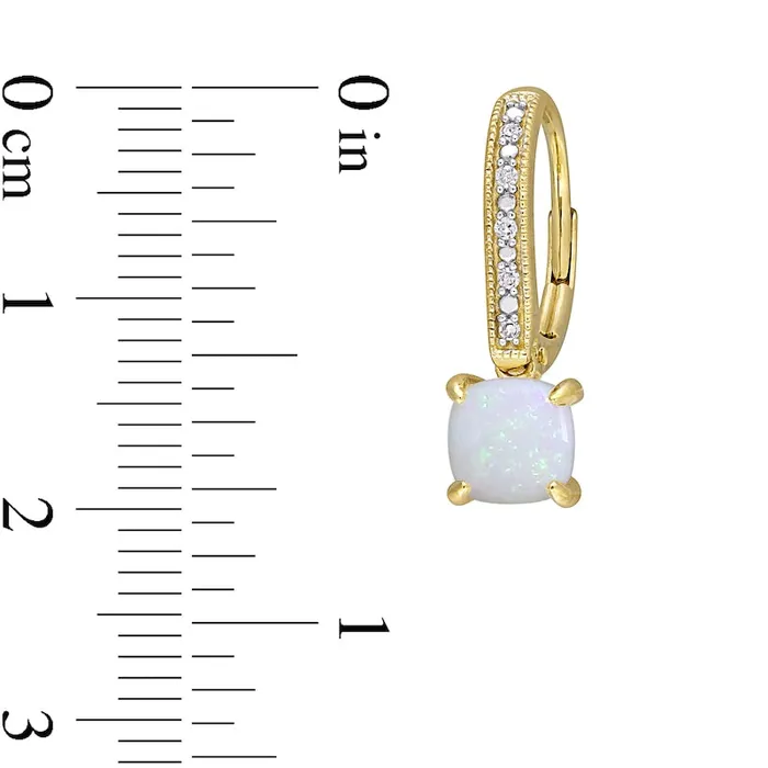 Goldia Earrings 60mm CushionCut Opal and 005 CT TW Diamond VintageStyle Drop Earrings in 10K Gold Goldia Earrings 60mm CushionCut Opal and 005 CT TW Diamond VintageStyle Drop Earrings in 10K Gold