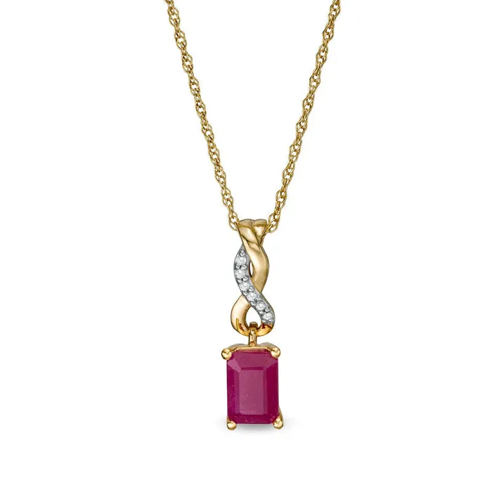 Goldia Earrings EmeraldCut Ruby and Natural Diamond Accent Twist Drop Pendant in 14K Gold Goldia Earrings EmeraldCut Ruby and Natural Diamond Accent Twist Drop Pendant in 14K Gold