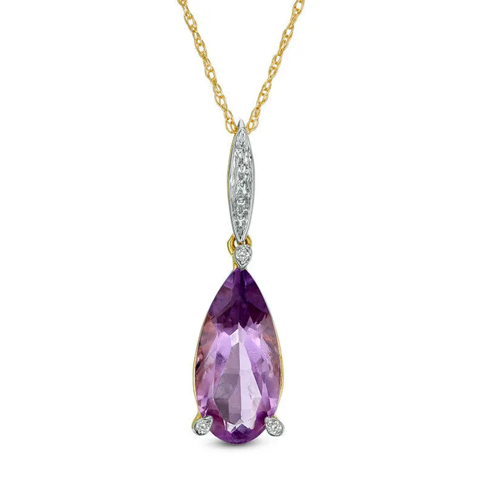 Goldia Earrings PearShaped Rose de France Amethyst and Natural Diamond Accent Drop Pendant in 10K Yellow Gold Goldia Earrings PearShaped Rose de France Amethyst and Natural Diamond Accent Drop Pendant in 10K Yellow Gold