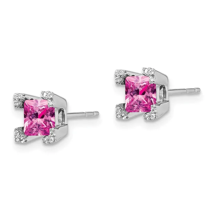 Goldia Earrings Solid 14k White Gold Square Created PinK Simulated Sapphire and CZ Earrings